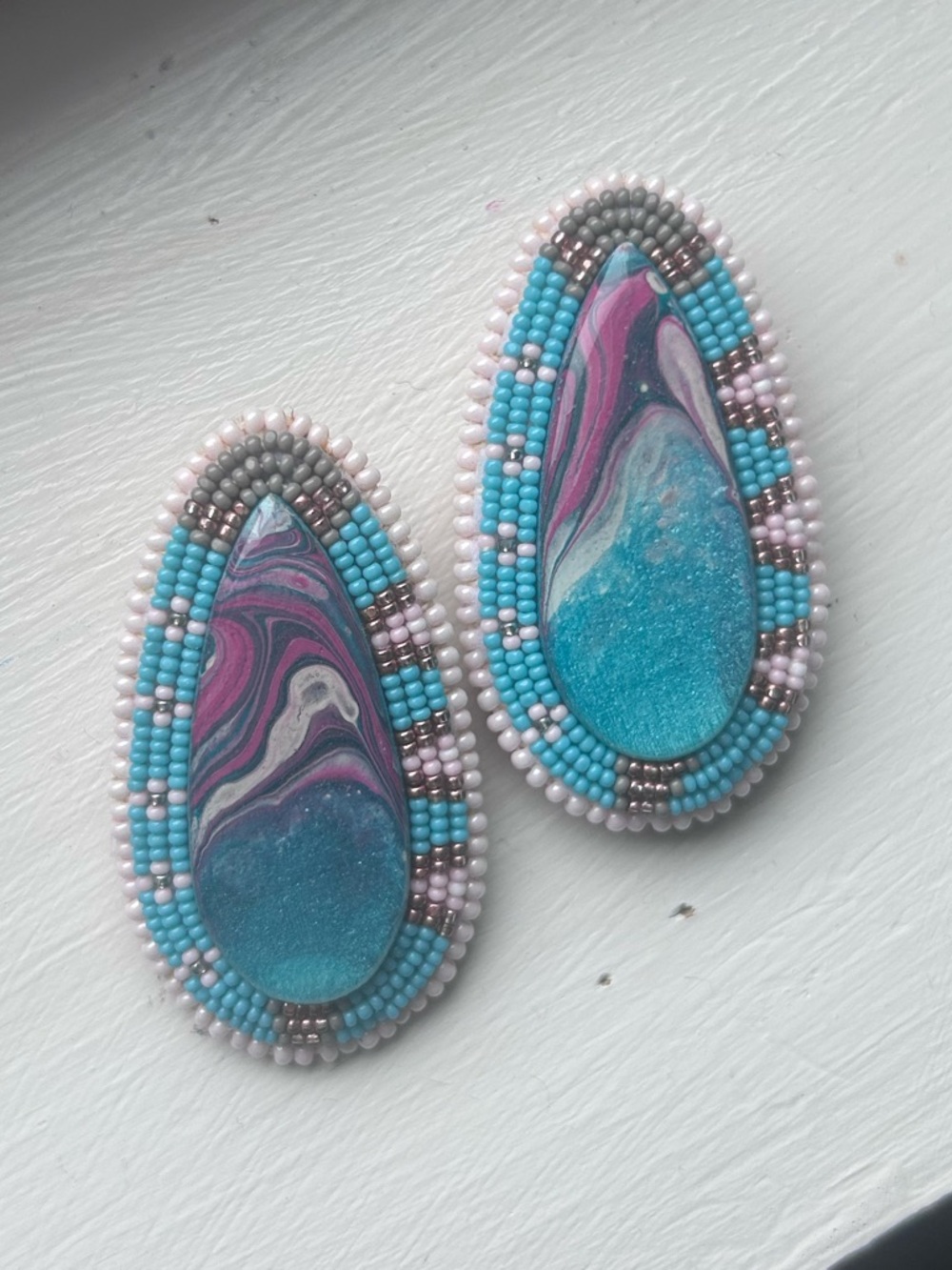 Hand Crafted Teardrop Earrings in Turquoise, Pink and Silver